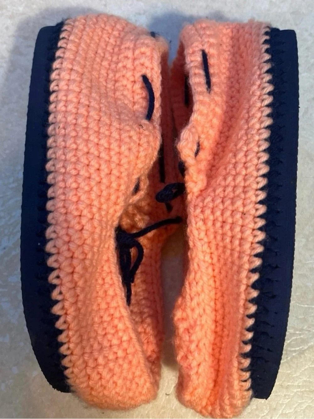 Cozy Peach Crochet Kids Moccasins with Navy Accent
